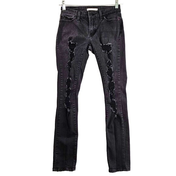 Levi's 711 Jeans Women Size 26 Black Skinny Ripped Low Rise Distressed Bikercore - Picture 1 of 13